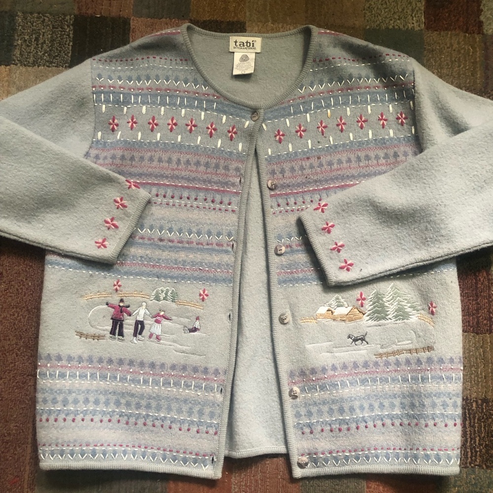 Tabi Women's bluish grey Cardigan Sweater with Embroidered Design